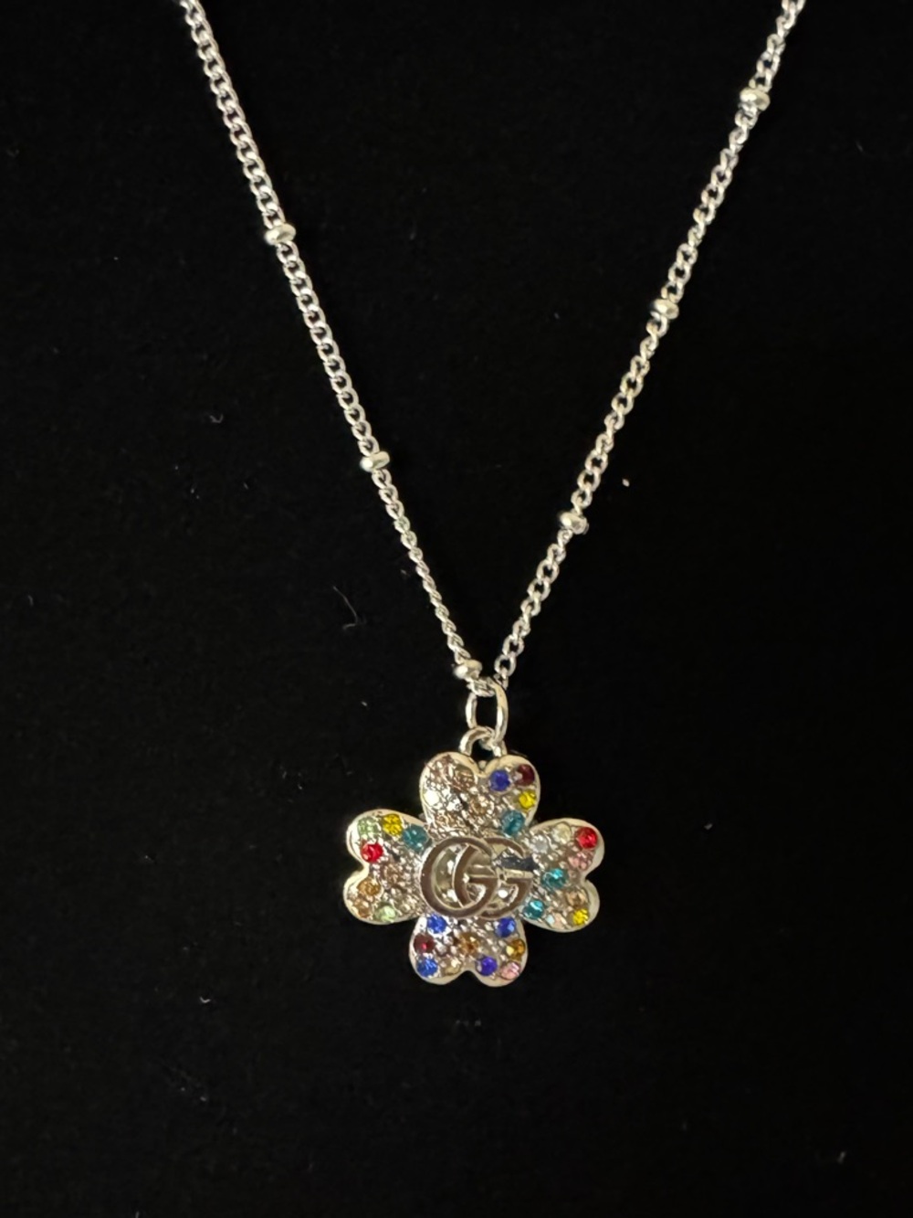 Upcycled Stamped Gucci Silver Tone Flower Pendant Necklace with Rainbow Crystals
